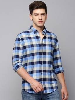 SHOWOFFFF - Men Collar Neck Long Sleeves Checked Blue Shirt