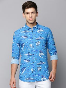 SHOWOFFFF - Men Collar Neck Long Sleeves Printed Blue Shirt