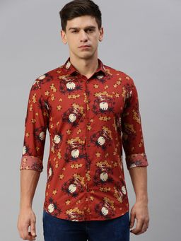 SHOWOFFFF - Men Collar Neck Long Sleeves Printed Rust Shirt