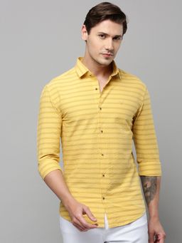 SHOWOFFFF - Men Collar Neck Long Sleeves Striped Yellow Shirt