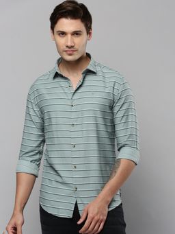 SHOWOFFFF - Men Collar Neck Long Sleeves Striped Sea Green Shirt