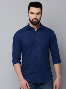 SHOWOFF - Men Collar Neck Long Sleeves Printed Navy Blue Shirt