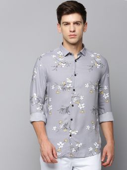 SHOWOFFFF - Men Collar Neck Long Sleeves Floral Grey Shirt