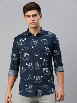 SHOWOFF - Men Collar Neck Long Sleeves Printed Navy Blue Shirt