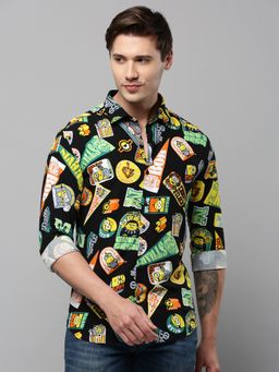 SHOWOFFFF - Men Collar Neck Long Sleeves Printed Black Shirt