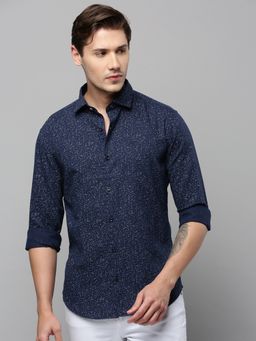 SHOWOFF - Men Collar Neck Long Sleeves Printed Navy Blue Shirt