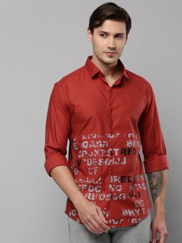 SHOWOFFFF - Men Collar Neck Long Sleeves Printed Rust Shirt
