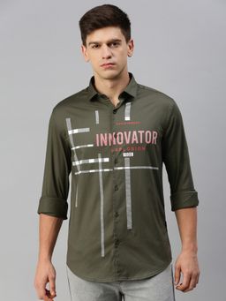 SHOWOFFFF - Men Collar Neck Long Sleeves Printed Olive Shirt