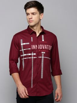 SHOWOFFFF - Men Collar Neck Long Sleeves Printed Maroon Shirt