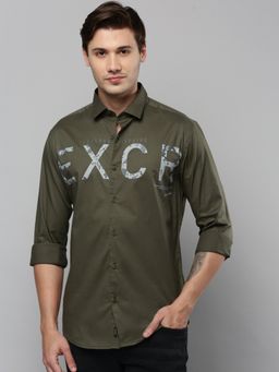 SHOWOFFFF - Men Collar Neck Long Sleeves Printed Olive Shirt