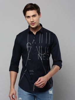 SHOWOFFFF - Men Collar Neck Long Sleeves Printed Navy Blue Shirt
