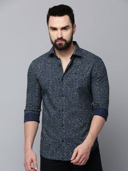 SHOWOFFFF - Men Collar Neck Long Sleeves Printed Navy Blue Shirt