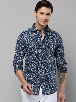 SHOWOFF - Men Collar Neck Long Sleeves Printed Navy Blue Shirt