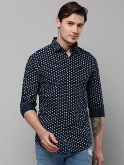 SHOWOFFFF - Men Collar Neck Long Sleeves Printed Navy Blue Shirt