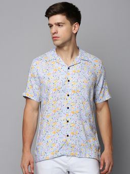SHOWOFF - Men Cuban Collar Short Sleeves Floral Blue Shirt