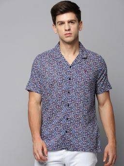 SHOWOFFFF - Men Cuban Collar Short Sleeves Printed Blue Shirt