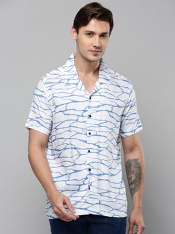 SHOWOFF - Men Cuban Collar Short Sleeves Printed White Shirt