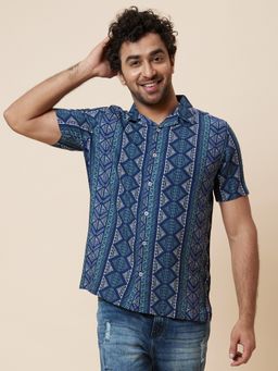 Globus - Men Blue Tribal Printed Cuban Collar Short Sleeves Casual Shirt