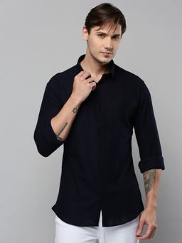 SHOWOFF - Men Collar Neck Long Sleeves Solid Navy Blue Shirt