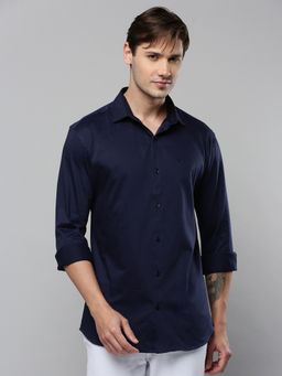 SHOWOFF - Men Collar Neck Long Sleeves Solid Navy Blue Shirt