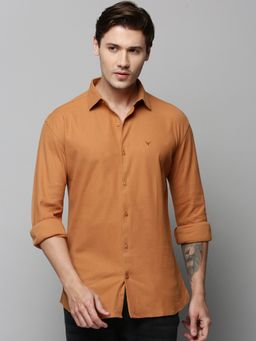 SHOWOFF - Men Collar Neck Long Sleeves Self Design Brown Shirt