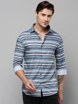 SHOWOFFFF - Men Collar Neck Long Sleeves Striped Blue Shirt