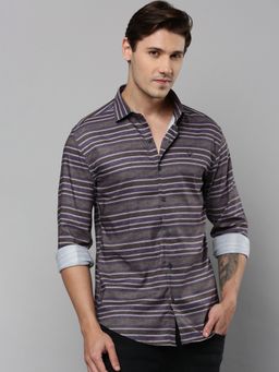 SHOWOFFFF - Men Collar Neck Long Sleeves Striped Grey Shirt