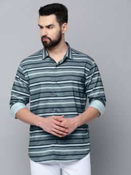 SHOWOFFFF - Men Collar Neck Long Sleeves Striped Green Shirt
