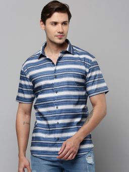 SHOWOFF - Men Collar Neck Long Sleeves Striped Blue Shirt