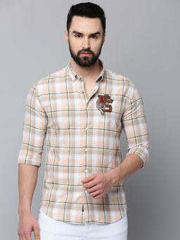 SHOWOFFFF - Men Collar Neck Long Sleeves Checked Beige Shirt