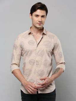SHOWOFF - Men Collar Neck Long Sleeves Printed Beige Shirt