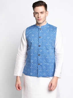 Devoiler - Men Blue Printed Pure Cotton Nehru Jacket