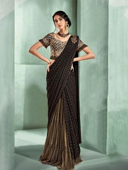 Odette - Beige Brown Lycra Net Designer Saree with Unstitched Blouse
