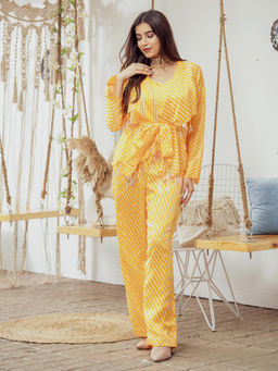 Label Swish - Orange Leheriya Flap Top with Tie-Up Belt and Flare Leg Pants (Set of 4)