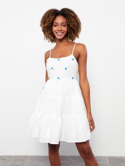 LC WAIKIKI - White Solid Embroidered Strappy Dress