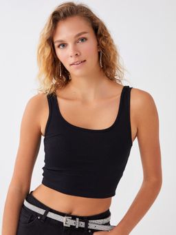 LC WAIKIKI - Black Solid Scoop Neck Crop Top