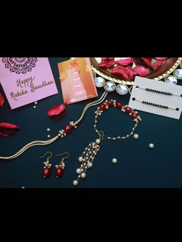 PAYA - Natural Stone Rakhi and Lumba and Nazariya - Mangalsutra Dhaaga Combo with Earrings