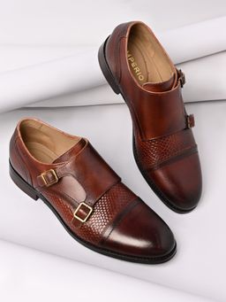 Imperio - By Regal Tan Men Formal Textured Leather Double Monk Straps