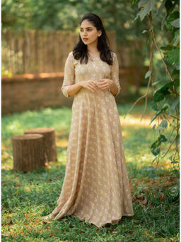 Vinya - Beige Rayon Printed Fit & Flare Dress With Shell Button Detailing