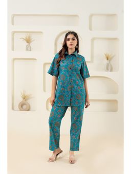 GulaboSitabo - Teal Block Printed Pure Cotton Co-Ord Shirt & Pant (Set of 2)