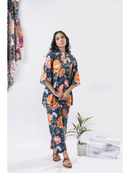 GulaboSitabo - Navy Blue Floral Half-Buttoned Cotton Printed Co-Ord Kurti & Pant (Set of 2)