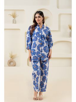 GulaboSitabo - White Bold Floral Printed Pure Cotton Co-Ord Shirt & Pant (Set of 2)