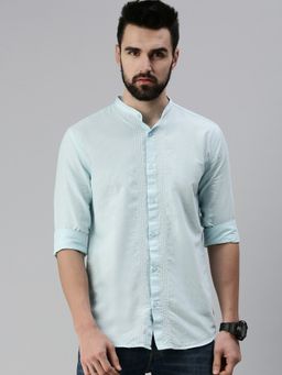 SHOWOFF - Men Casual Mandarin Collar Blue Solid Shirt