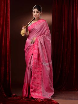 CHARUKRITI - Pink Cotton Blend Handwoven Woven Zari and Floral Motifs Saree with Unstitched Blouse
