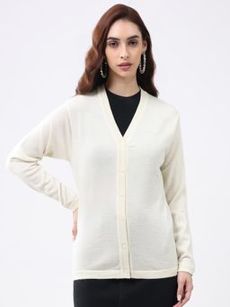 Monte Carlo - Women Cream V Neck Full Sleeves Cardigan
