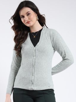 Monte Carlo - Women Grey V-Neck Full Sleeve Cardigan