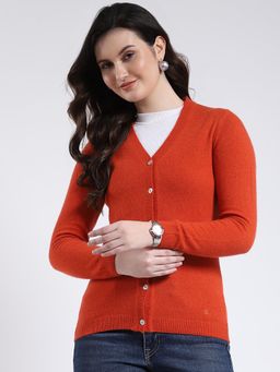 Monte Carlo - Women Orange V-Neck Full Sleeve Cardigan