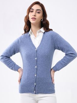 Monte Carlo - Women Blue V-Neck Full Sleeve Cardigan