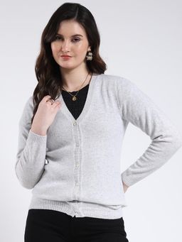 Monte Carlo - Women Grey V-Neck Full Sleeve Cardigan