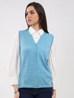 Monte Carlo - Women Blue V Neck Sleeveless Cardigan